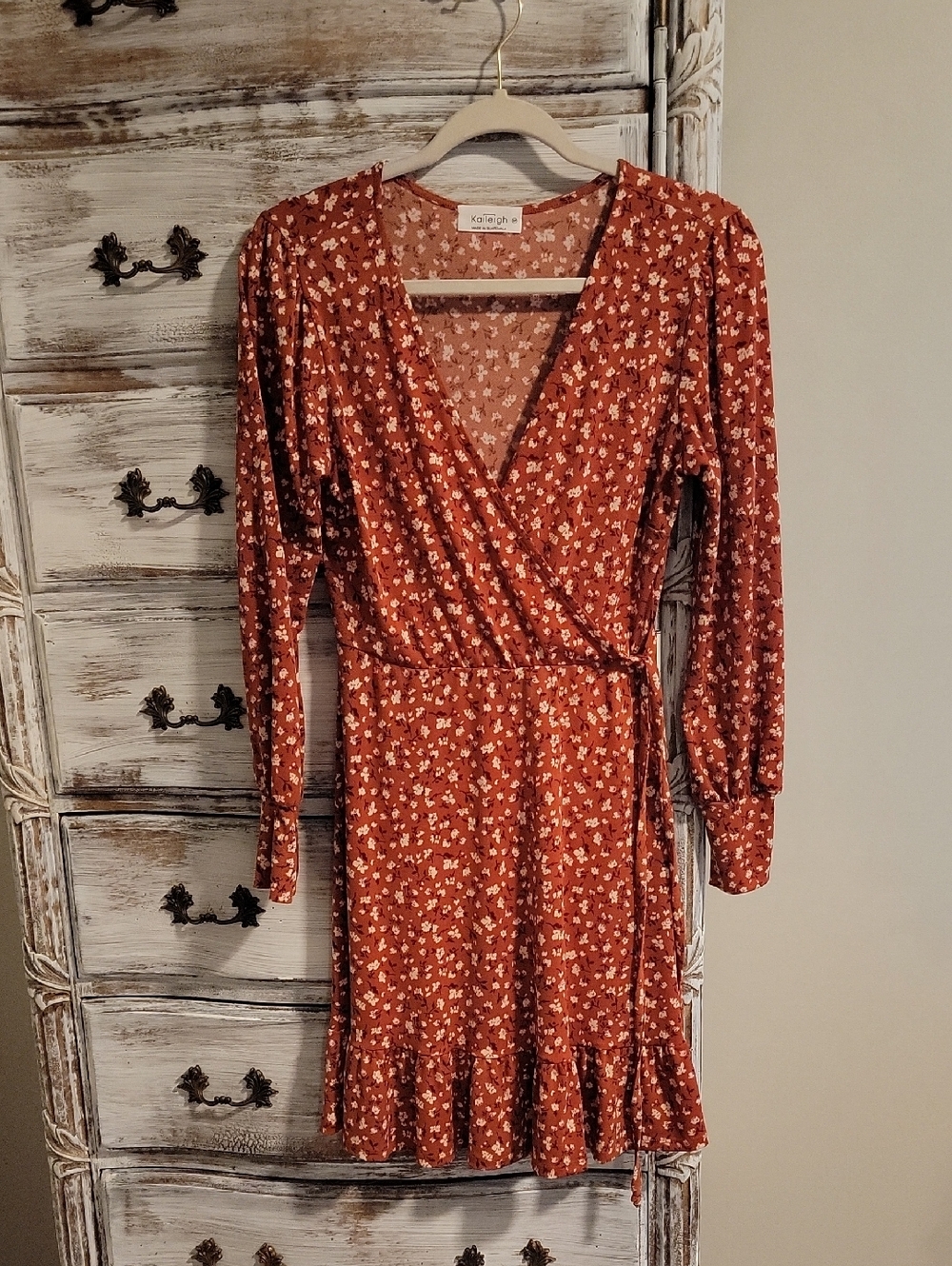 Kaileigh Rust Floral Faux Wrap Dress with Ruffle Hem